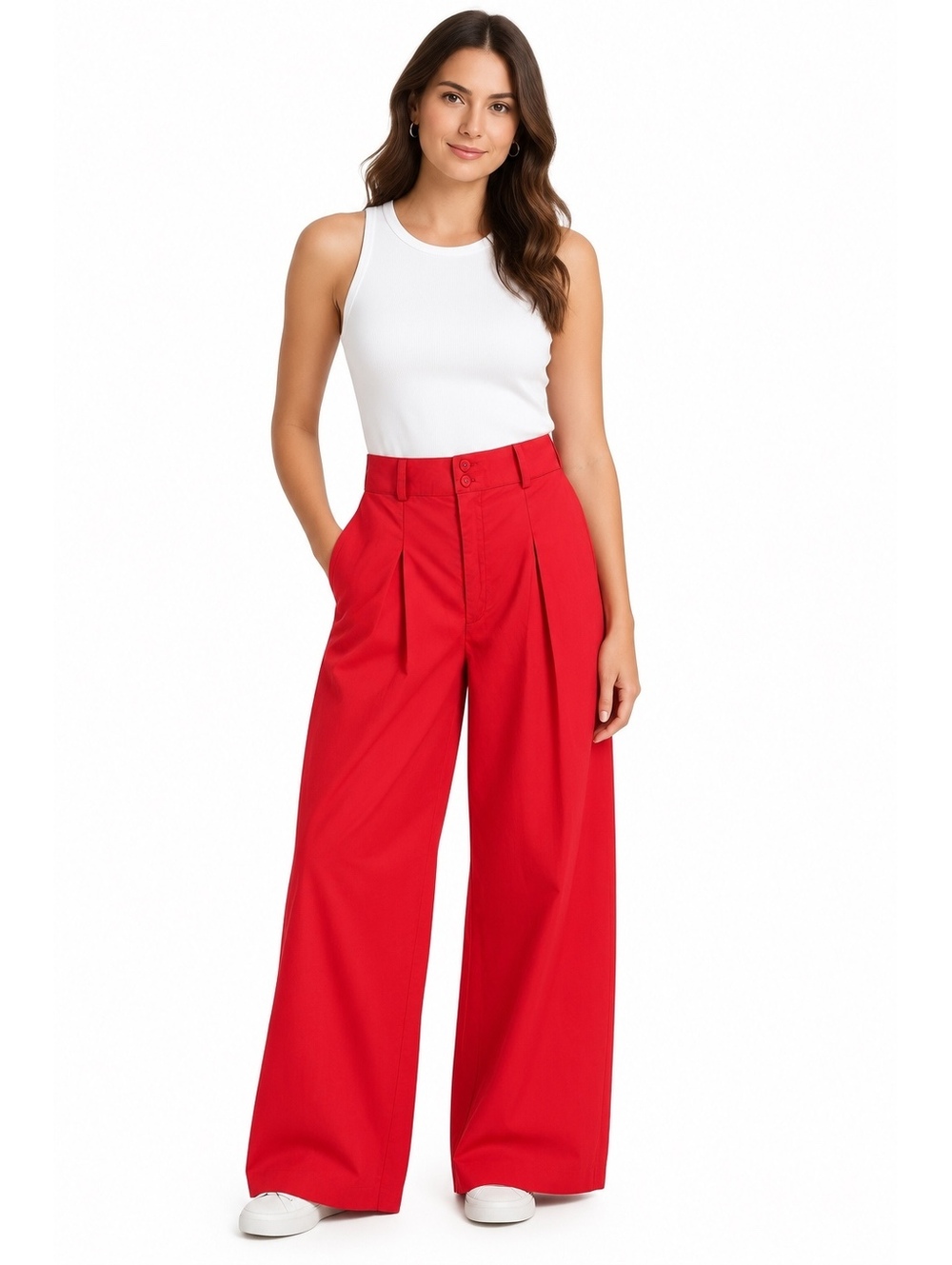 NWT Camila Coelho Red Pleated Wide Leg Pants Size M High Rise Cotton Trousers
